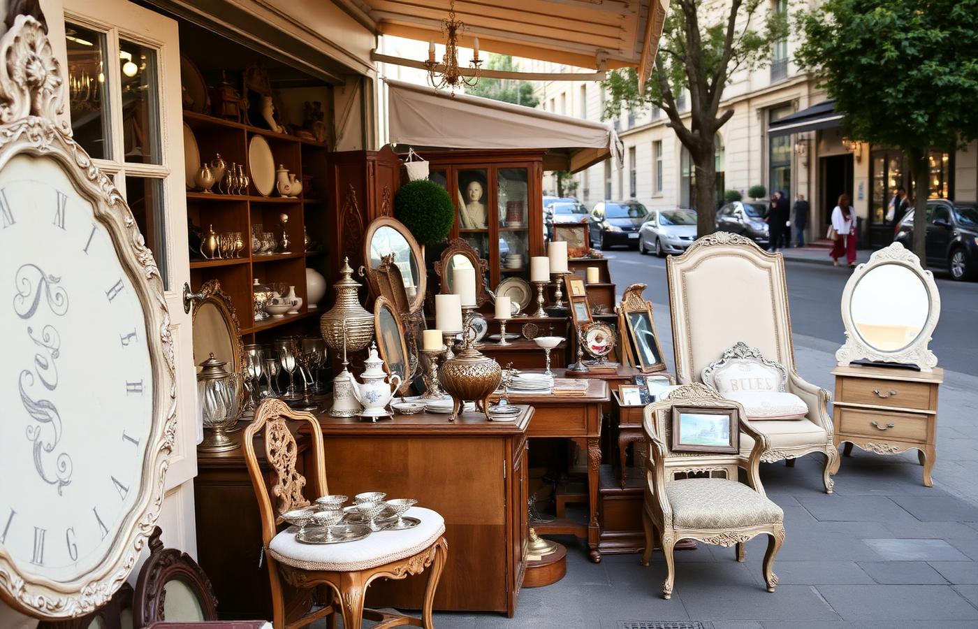 Étal d'antiquités au Marché de Neuilly-sur-Seine : mobilier ancien, miroirs et argenterie